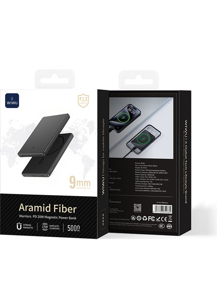 WI-P072 Pd 20W M-Safe Şarj Özellikli Ultra Ince Aramid Fiber Powerbank 15W 5000MAH Siyah