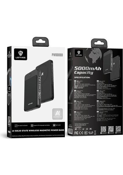 PW0008D Pd 20W LED Ekran Yapay Zeka Destekli Ultra Ince Wireless Powerbank 15W 5000MAH Siyah
