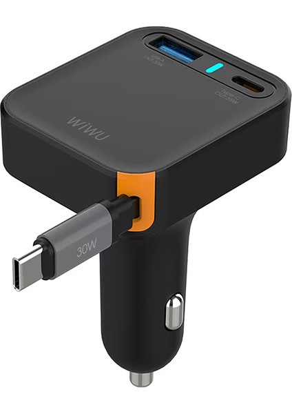 WI-CC033 Type-C + Usb-A Hızlı Şarj Akım Korumalı Dahili Kablolu Araç Şarj Aleti 65W Siyah