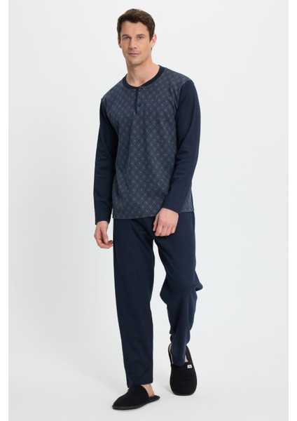 Erkek Regular Fit Pamuklu Düğmeli Yaka Beli Lastikli Desenli Pijama Takımı