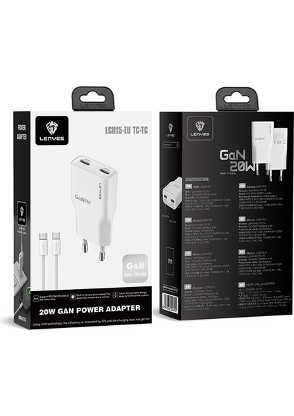 LCH15-EU Tc-Tc Type-C To Type-C Gan Teknolojili Pd Hızlı Şarj Özellikli Şarj Seti 20W Beyaz
