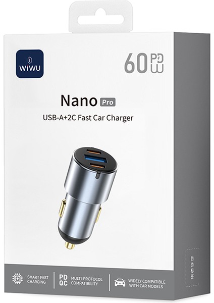 WI-CC032 Nano Pro Dual Type-C + Usb-A Hızlı Şarj Akım Korumalı Araç Şarj Aleti Pd Qc3.0 60W Gri