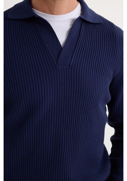 Erkek Standart Fit Normal Kesim Pamuklu Polo V Yaka Lacivert Kazak modelleri