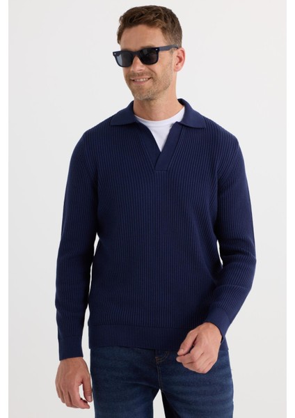 Erkek Standart Fit Normal Kesim Pamuklu Polo V Yaka Lacivert Kazak fırsatları