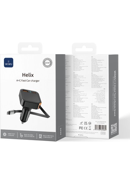 WI-CC033 Type-C + Usb-A Hızlı Şarj Akım Korumalı Dahili Kablolu Araç Şarj Aleti 65W Siyah