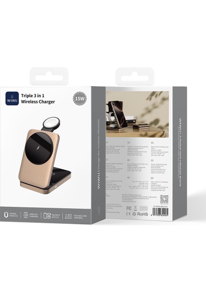 WI-W038 3in1 Katlanabilir Kablosuz Şarj Standı 15W Gold