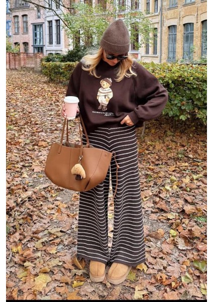 Kahverengi Çizgili Triko Kadın Pantolon MG2609