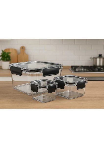 Sızdırmaz, Hava Almaz, Kare Saklama Kabı,erzak Kabı, Çeyiz Seti, 3'lü Set (450+1000+1850ML)