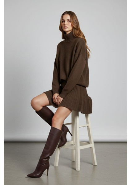 Kadın Boğazlı Kazak Etek Ikili Triko Takım modelleri