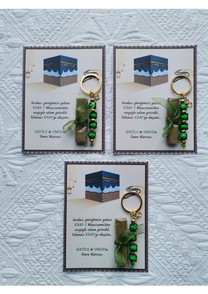 72 Adet Kişiye Özel Tasarım Hac Umre Mevlid Hatırası Dağıtmalık Hediyelik Yeşil Anahtarlık ve Kına modelleri