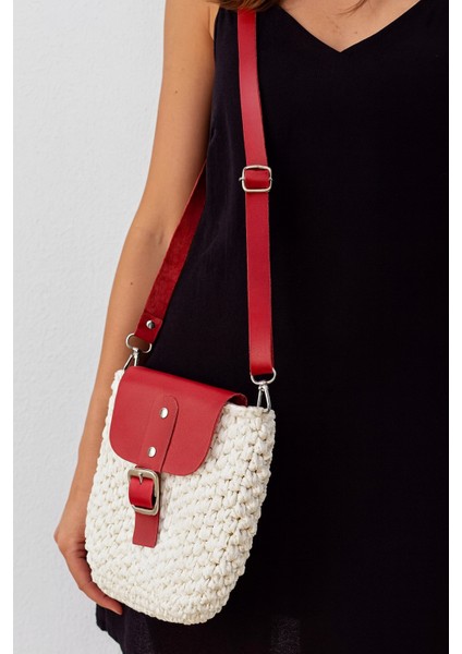 Beyaz Rafya El Örgüsü Bordo Kapaklı Mini Çanta-Handmade Beyaz Tığ Işi Rafya Deri Aksesuarlı Omuz Çantası 20*18