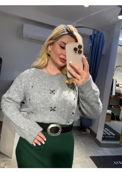 DILVIN%100 Pamuk Taşlı Gri Kazak