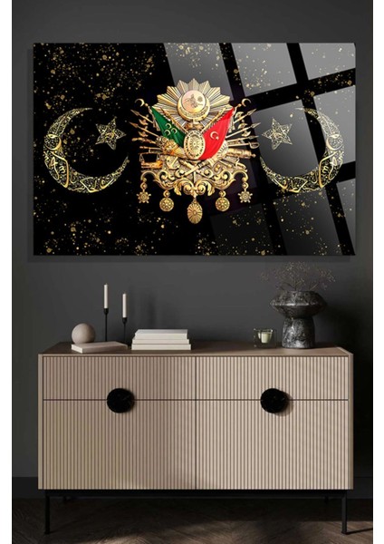 Gold Detay Osmanlı Tuğrası 4mm Kırılmaz Temperli Yüksek Çözünürlüklü Cam Tablo