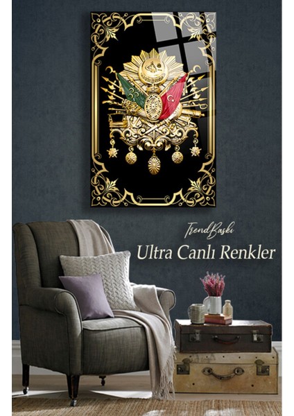 Gold Çerçeve Görünümlü Osmanlı Tuğrası 4mm Kırılmaz Temperli Yüksek Çözünürlüklü Cam Tablo fiyatları