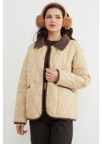 Kadife Detaylı Polo Yaka Kapitone Mont