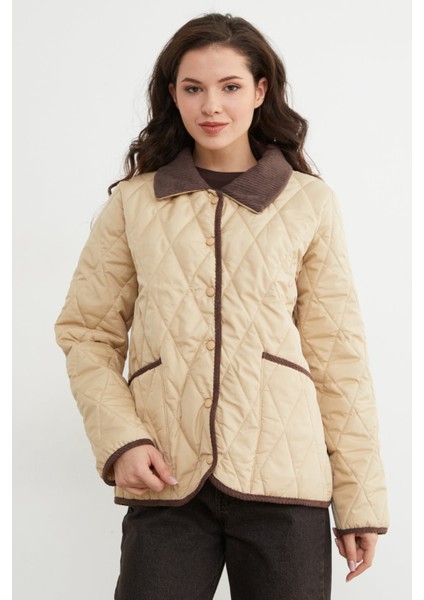 Kadife Detaylı Polo Yaka Kapitone Mont