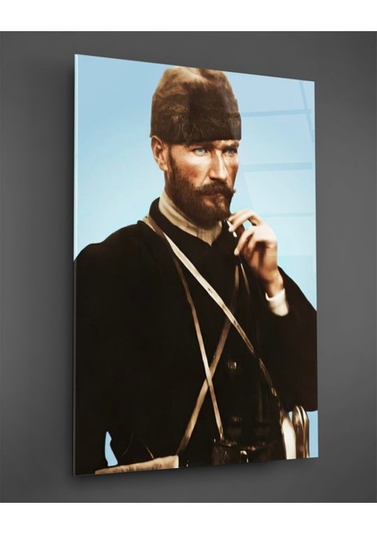 Mustafa Kemal Atatürk Portresi Mavi Fon Cam Tablo