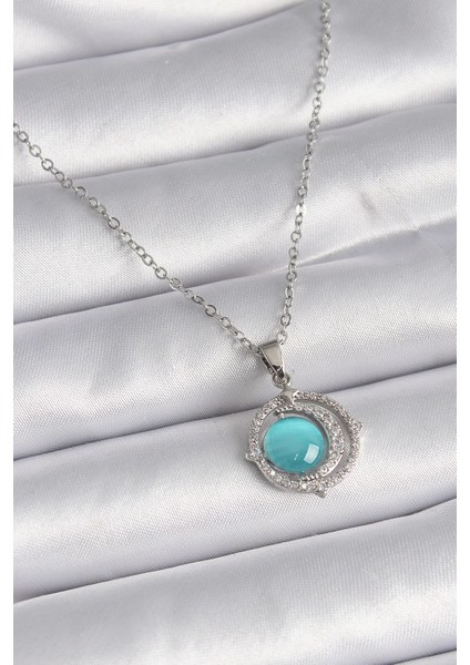 Bfs 316L Çelik Gümüş Renk Mavi Sedefli Hilal Model Kadın Kolye