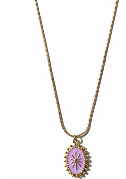 Çelik Oval Kolye Lila Yıldız Yılan Zincir Kararmaz Takı