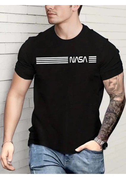 Erkek Kısa Kollu Nasa Baskı Bisiklet Yaka Tshirt