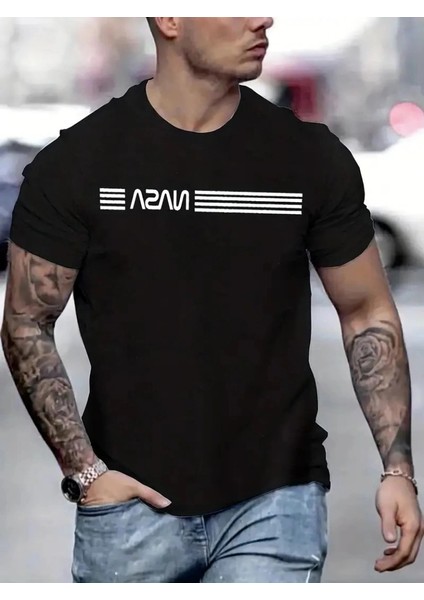 Erkek Kısa Kollu Nasa Baskı Bisiklet Yaka Tshirt modelleri