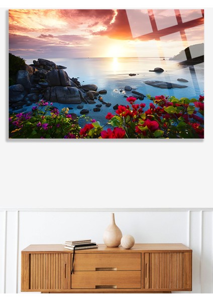 Gül ve Deniz Manzarası Kırılmaz Cam Tablo, Ev ve Ofis Hediyesi Yüksek Çözünürlüklü 4mm Lüks Tablo modelleri