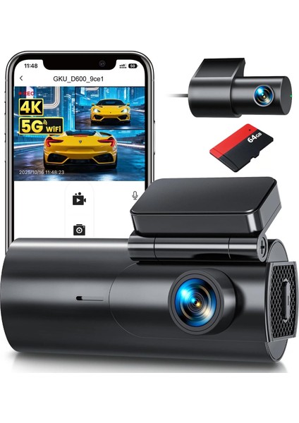 RV-D600P Dash Cam Ön ve Arka Kamera – 64 GB Sd Kart, 5 Ghz Wifi ve Uygulama Kontrolü, Gece Görüşü