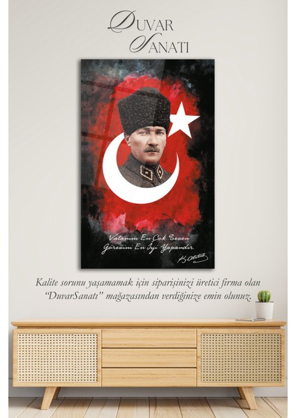 Atatürk Portresi Vatanını En Çok Seven Görevini En Iyi Yapandır Cam Tablo Duvar Dekoru, Hediyelik