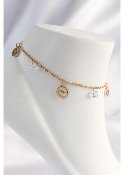 Bfs 316L Çelik Gold Renk Zirkon Taşlı Yıldızlı Halhal