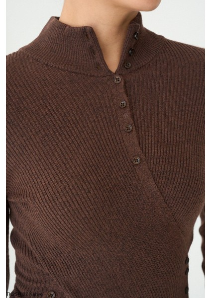 Kadın Kahverengi Belden Düğmeli Çapraz Detay Triko Kazak modelleri