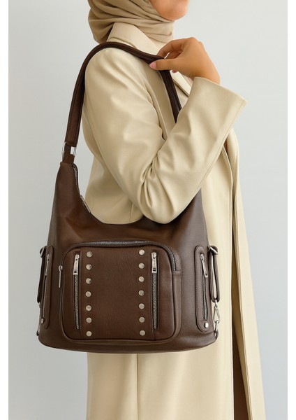 Yumuşak Suni Deri Kahverengi El Omuz ve Sırt Kullanımına Uygun Kadın Çanta 34*41 cm