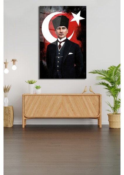 Atatürk Portresi ve Türk Bayrağı Cam Tablo Ev Ofis Okul Duvar Dekoru, Hediyelik Büyük Tablo