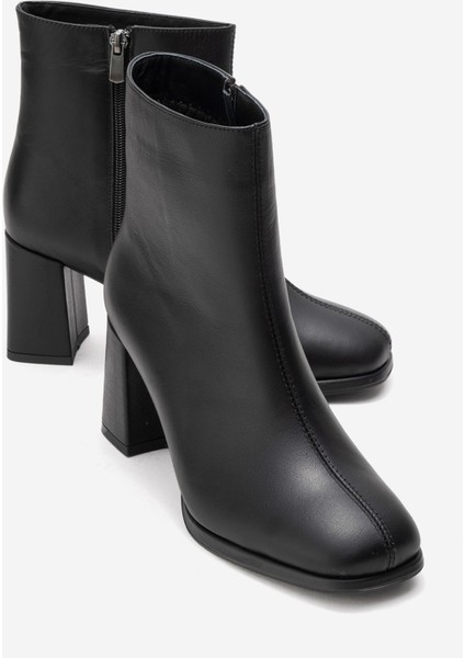 Napolı Siyah Cilt Hakiki Deri Kadın Kalın Topuklu Bot