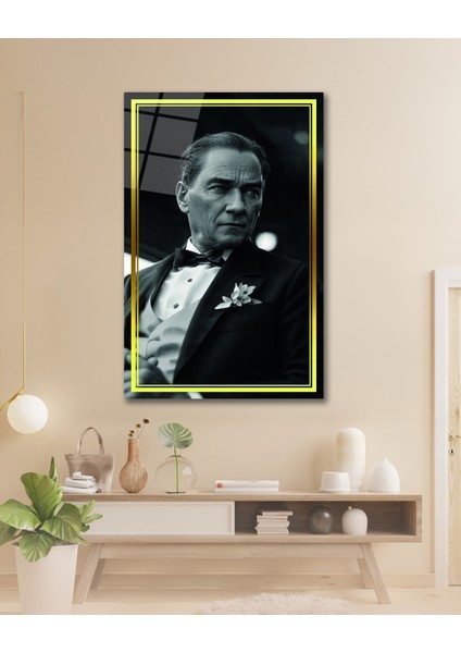 Sarı Çerçeve Görünümlü Atatürk Yan Portre Siyah Beyaz Cam Tablo fiyatları