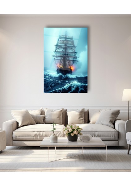 Fırtına Gözünde Korsan Gemisi Cam Tablo