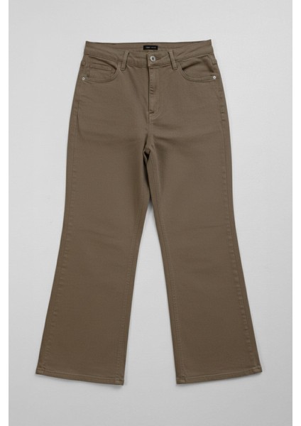 Kadın Yüksek Bel Likralı Wide Leg Haki Jean Pantolon