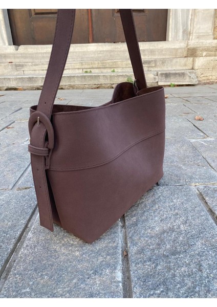 Acı Kahve Süet Kemer Detaylı El ve Omuz Çantası