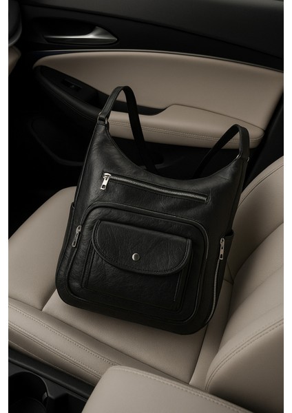 Yumuşak Suni Deri Siyah El Omuz ve Sırt Kullanımına Uygun Kadın Çanta