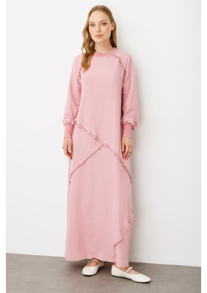 Yumuşak Dokusu ve Zarif Detaylarıyla Ipekçe Doku Ribanalı Özel Elbise-Pudra fiyatları