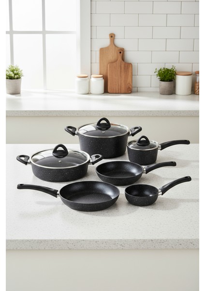 Melcor 9 Parça Granit Tencere Seti Siyah