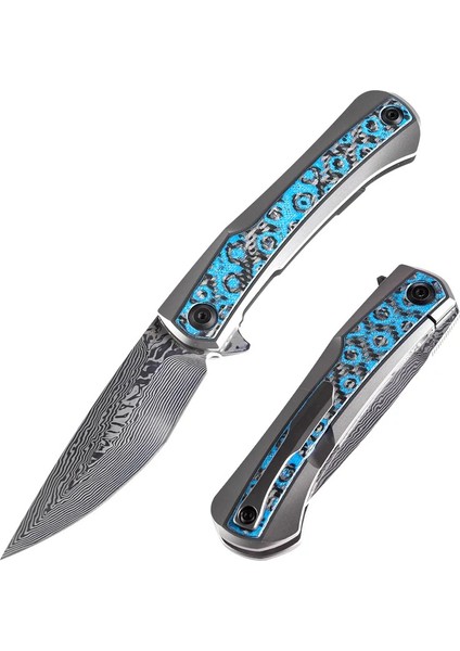 Kratos | Flipper Bıçak | Titanyum + Mavi Gül Desenli Karbon Fiber Kakma Sap | Damascus Çelik Çakı | K1024A4