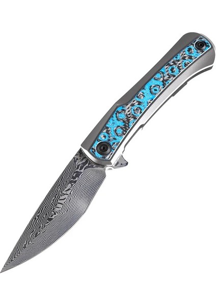 Kratos | Flipper Bıçak | Titanyum + Mavi Gül Desenli Karbon Fiber Kakma Sap | Damascus Çelik Çakı | K1024A4 fiyatları