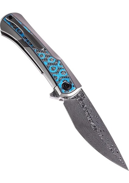 Kratos | Flipper Bıçak | Titanyum + Mavi Gül Desenli Karbon Fiber Kakma Sap | Damascus Çelik Çakı | K1024A4 modelleri