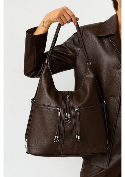 Yumuşak Suni Deri Kahverengi El Omuz ve Sırt Kullanımına Uygun Kadın Çanta 34*39 cm