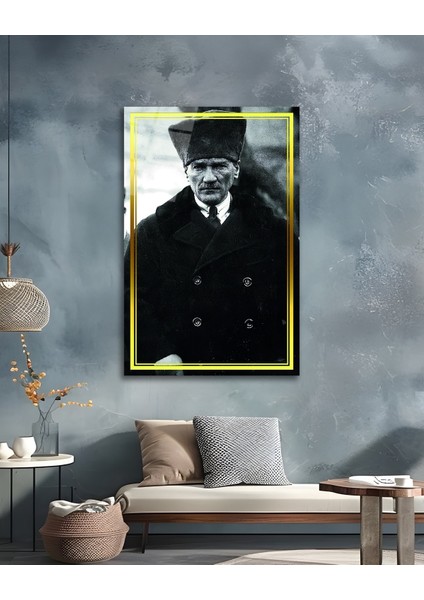 Sarı Çerçeve Görünümlü Atatürk Cam Tablo indirimleri