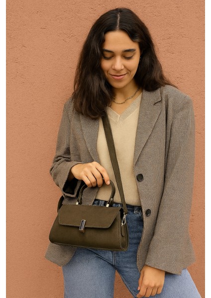 *** Luna Model Süet Haki Kadın El ve Omuz Çantası