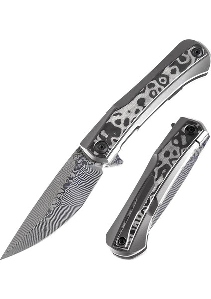 Kratos | Flipper Bıçak | Titanyum + Siyah Gül Desenli Karbon Fiber Kakma Sap | Damascus Çelik Çakı | K1024A5