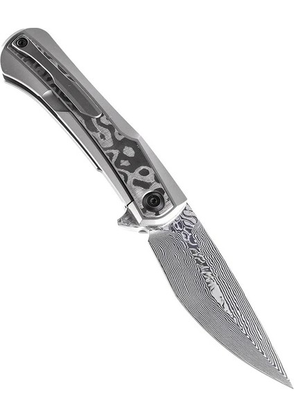 Kratos | Flipper Bıçak | Titanyum + Siyah Gül Desenli Karbon Fiber Kakma Sap | Damascus Çelik Çakı | K1024A5 modelleri
