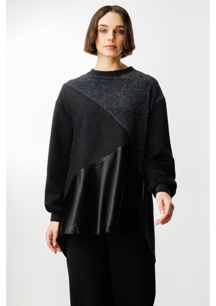 Simli ve Saten Kumaş Garnili Ceket Kap-Siyah