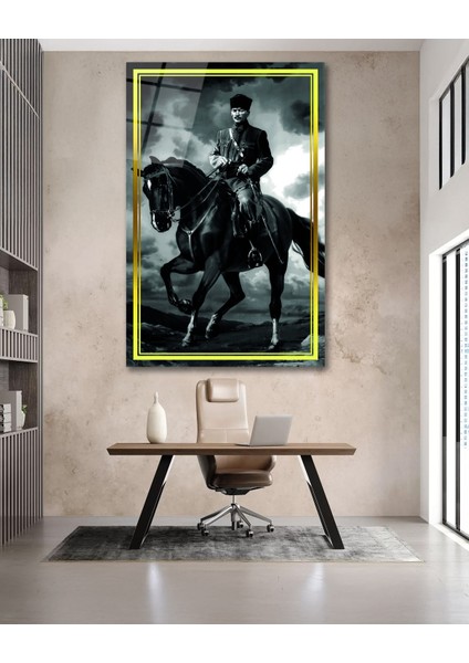 Sarı Çerçeve Görünümlü At Üstünde Atatürk Cam Tablo